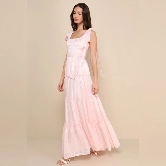 New Lulus Picturesque Allure Blush Pink Jacquard Tie-Strap Maxi Dress XL - Picture 3 of 4